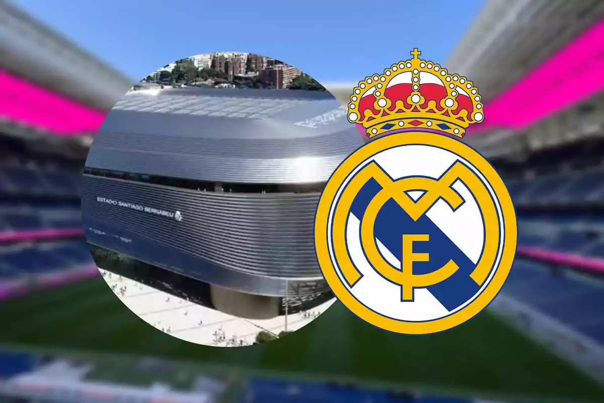 Vista del estadio Santiago Bernabéu junto al escudo del Real Madrid
