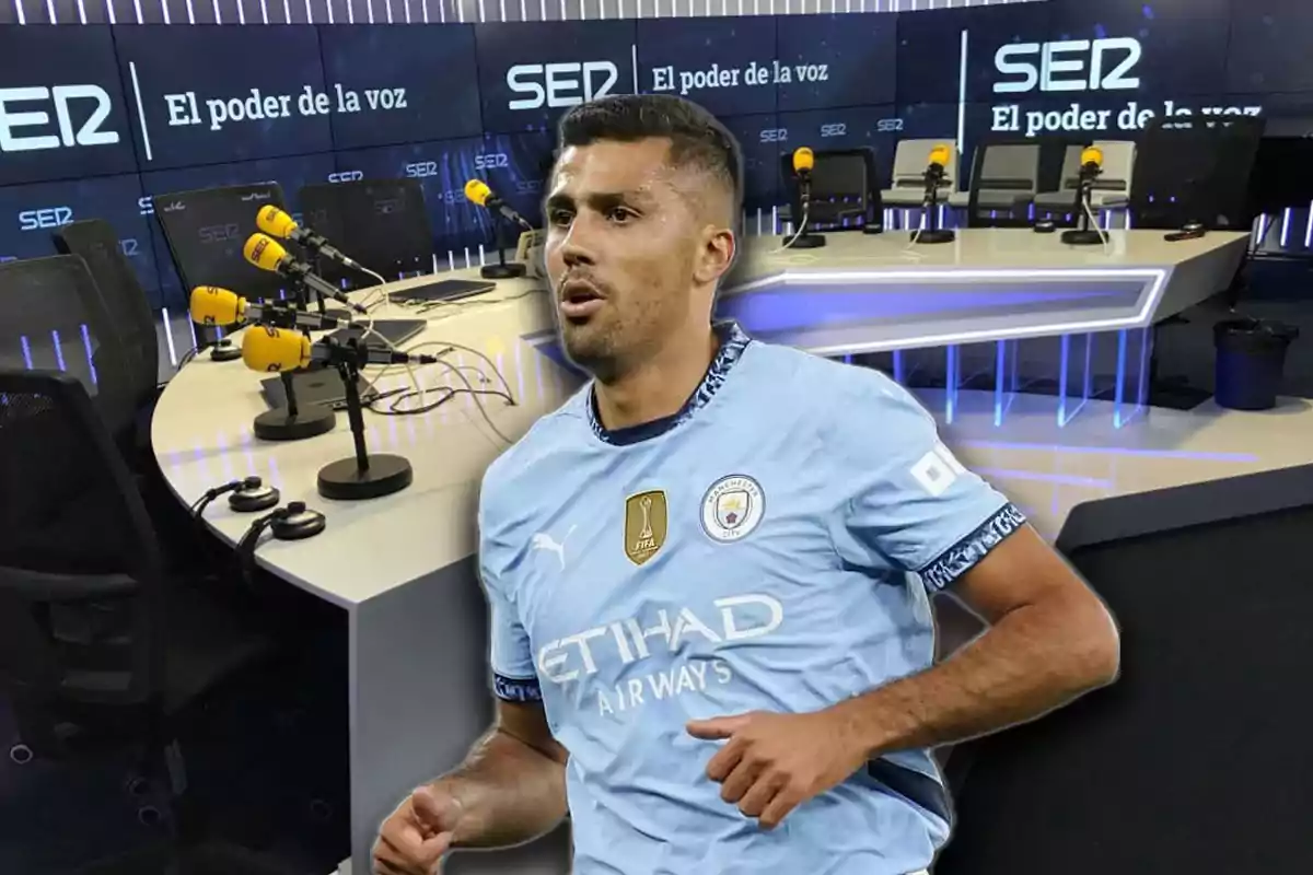 A player wearing the Manchester City uniform appears in front of a radio studio with microphones and screens displaying the SER network logo and the slogan "The Power of the Voice."