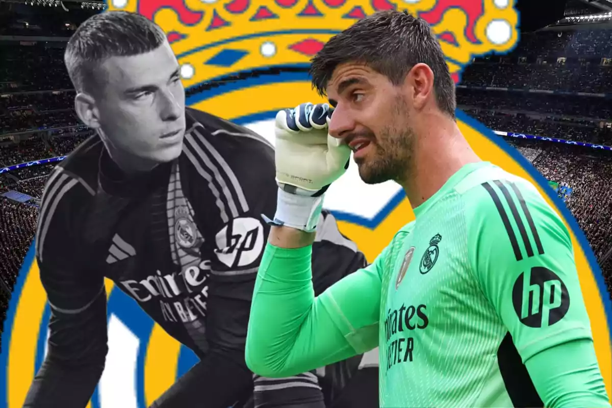 Two Real Madrid goalkeepers appear in a montage with the club’s crest and a packed stadium in the background.