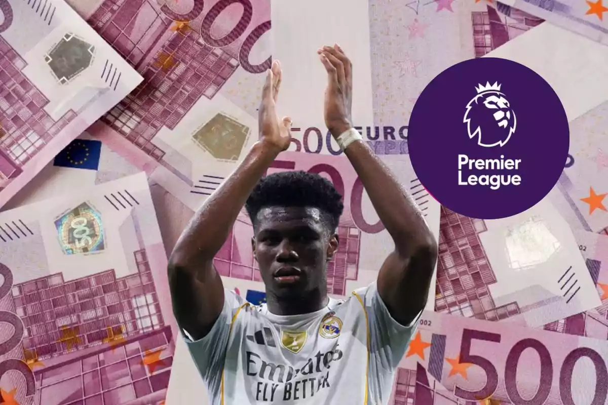 Futbolista del Real Madrid aplaudiendo con fondo de billetes de 500 euros y el logo de la Premier League