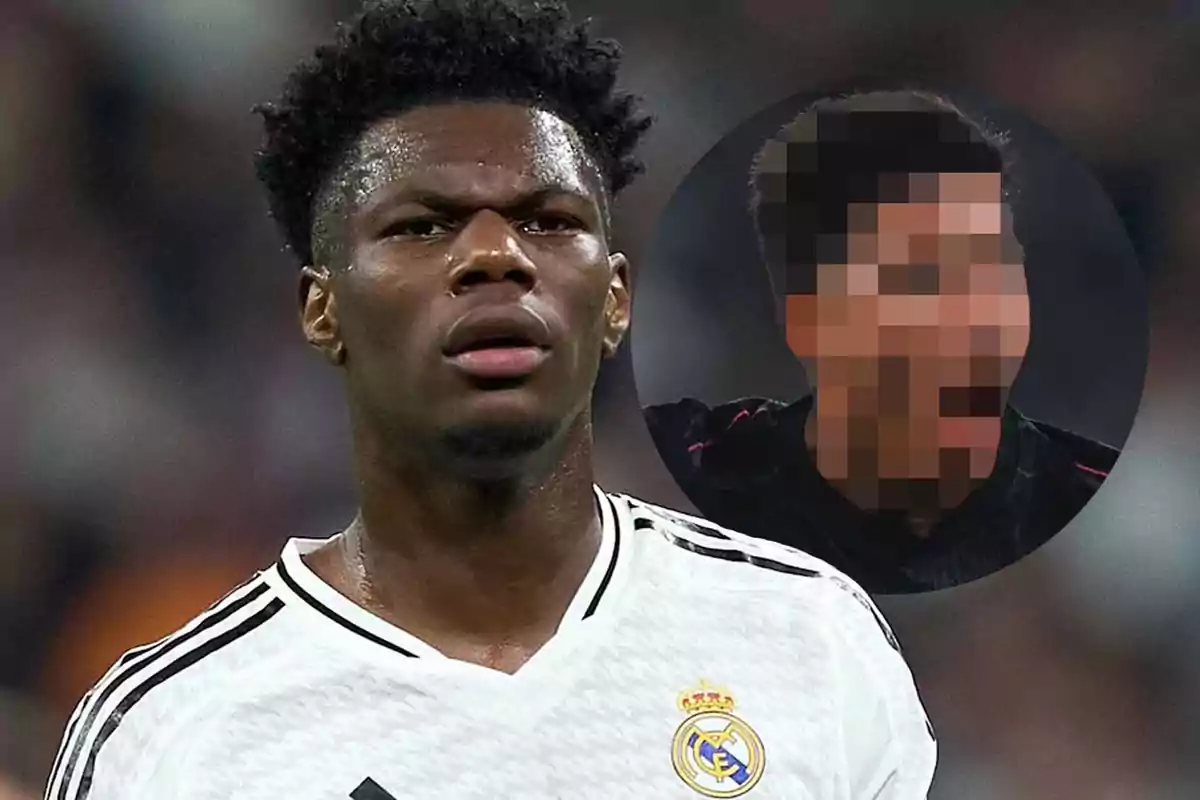 Futbolista del Real Madrid en primer plano con expresión seria y al fondo la imagen de otra persona pixelada