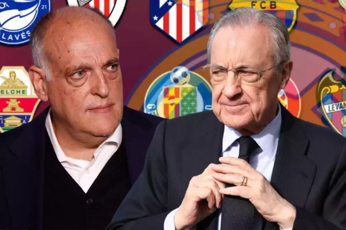Dos hombres de traje en primer plano con escudos de equipos de fútbol españoles al fondo