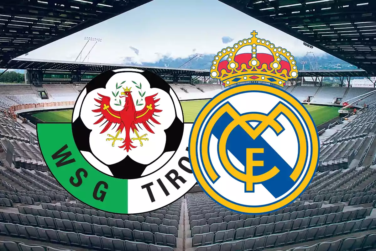 Two football team crests, WSG Tirol and Real Madrid, superimposed in the center of an empty stadium