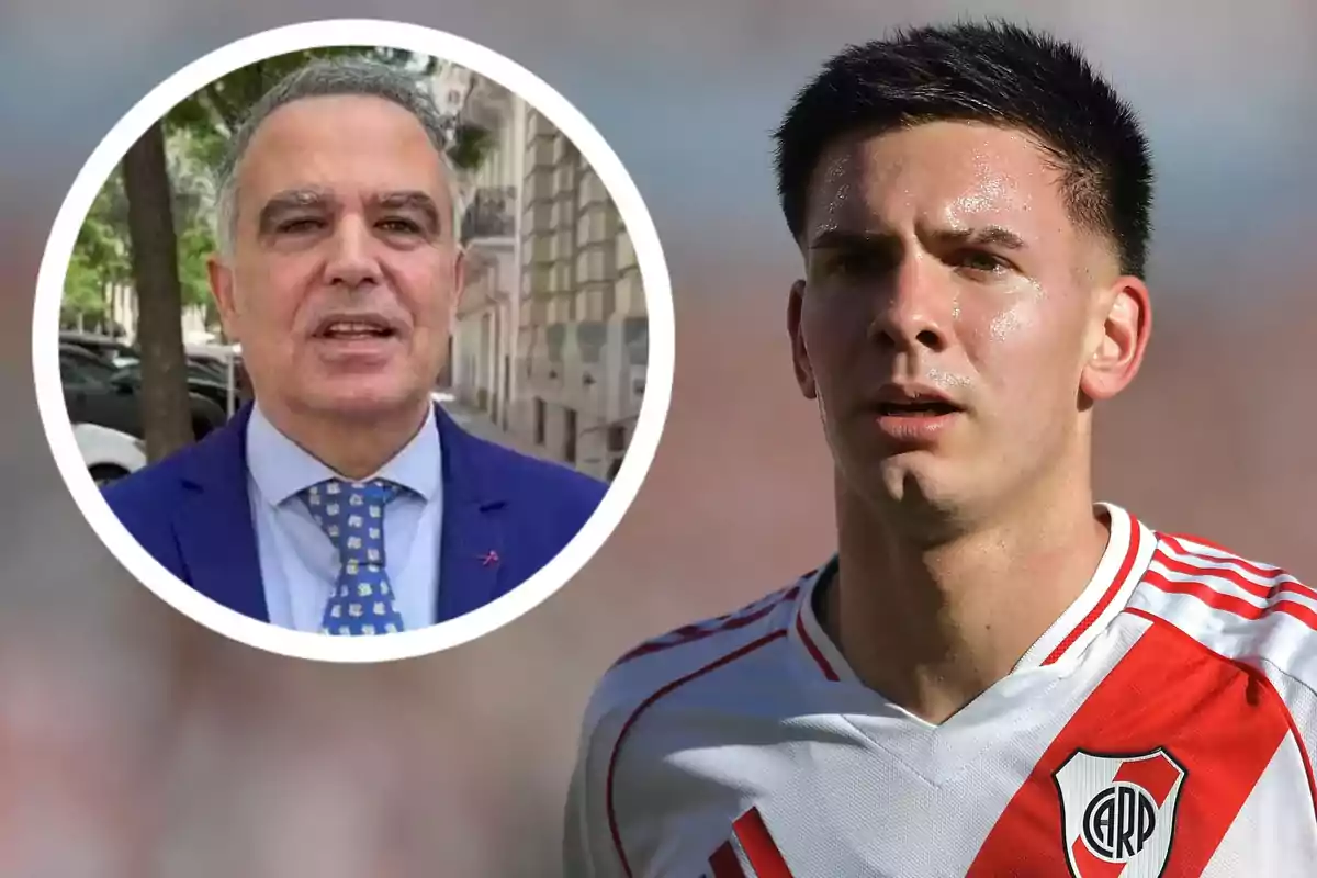 Un hombre con traje aparece en un recuadro sobre la imagen de un futbolista con camiseta de River Plate