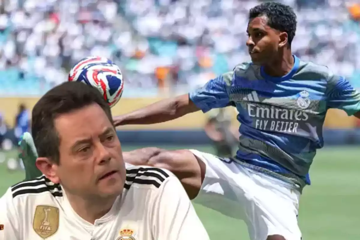A man wearing a Real Madrid jersey appears in the foreground while in the background a player from the same team tries to control a ball during a soccer match.