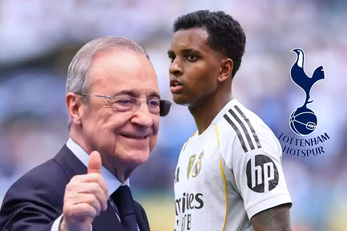 A man in a suit smiles and gives a thumbs up while a player in a white uniform appears in the background next to the Tottenham Hotspur crest.