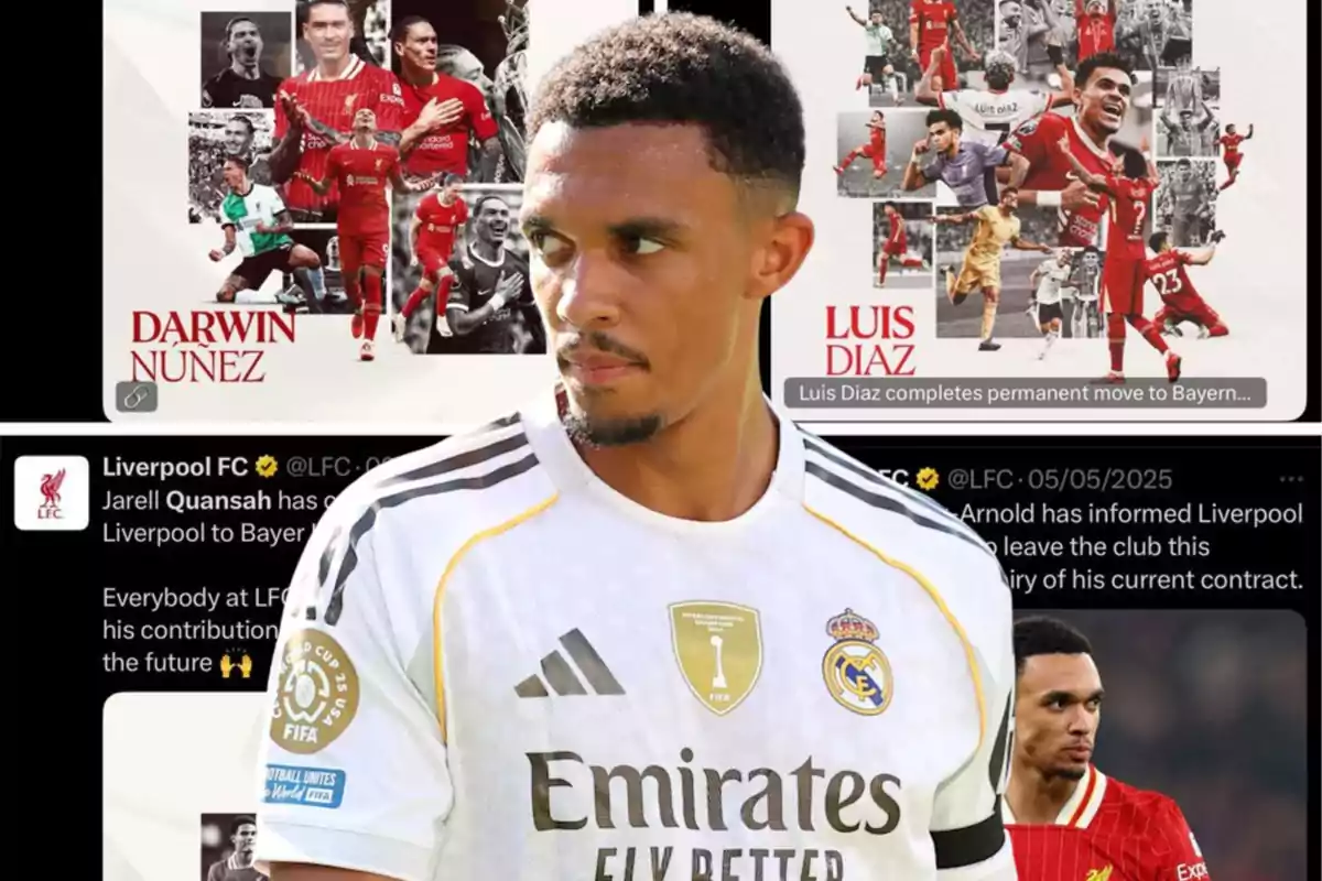Un futbolista con la camiseta del Real Madrid aparece en primer plano, mientras de fondo se ven imágenes editadas de jugadores del Liverpool y capturas de publicaciones en redes sociales relacionadas con transferencias de jugadores.