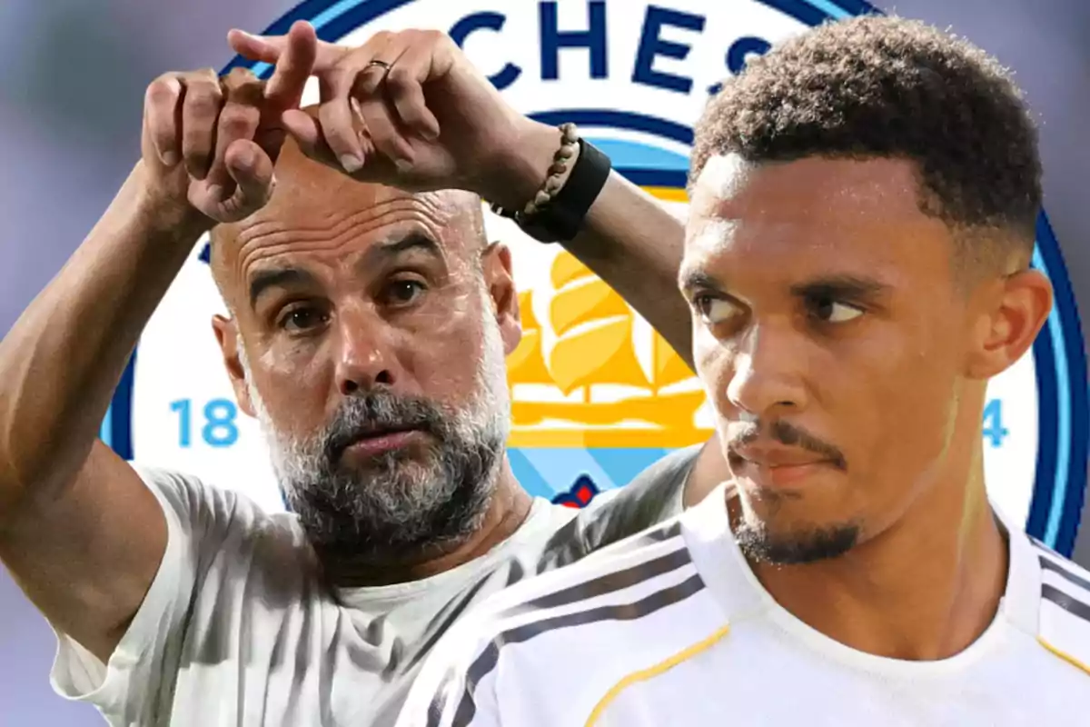 A soccer coach gesturing and a player in a white jersey in front of the Manchester City crest