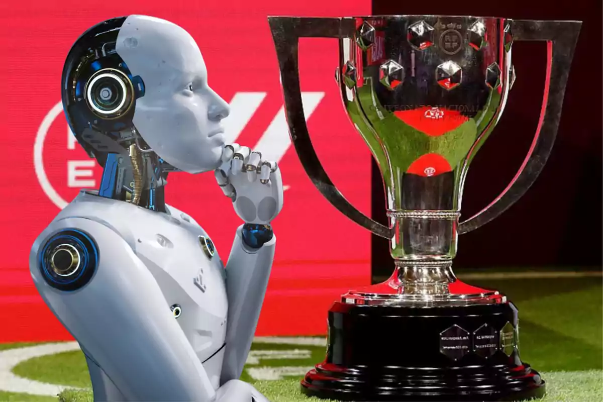 A thoughtful robot observes a soccer trophy on grass with a red background.