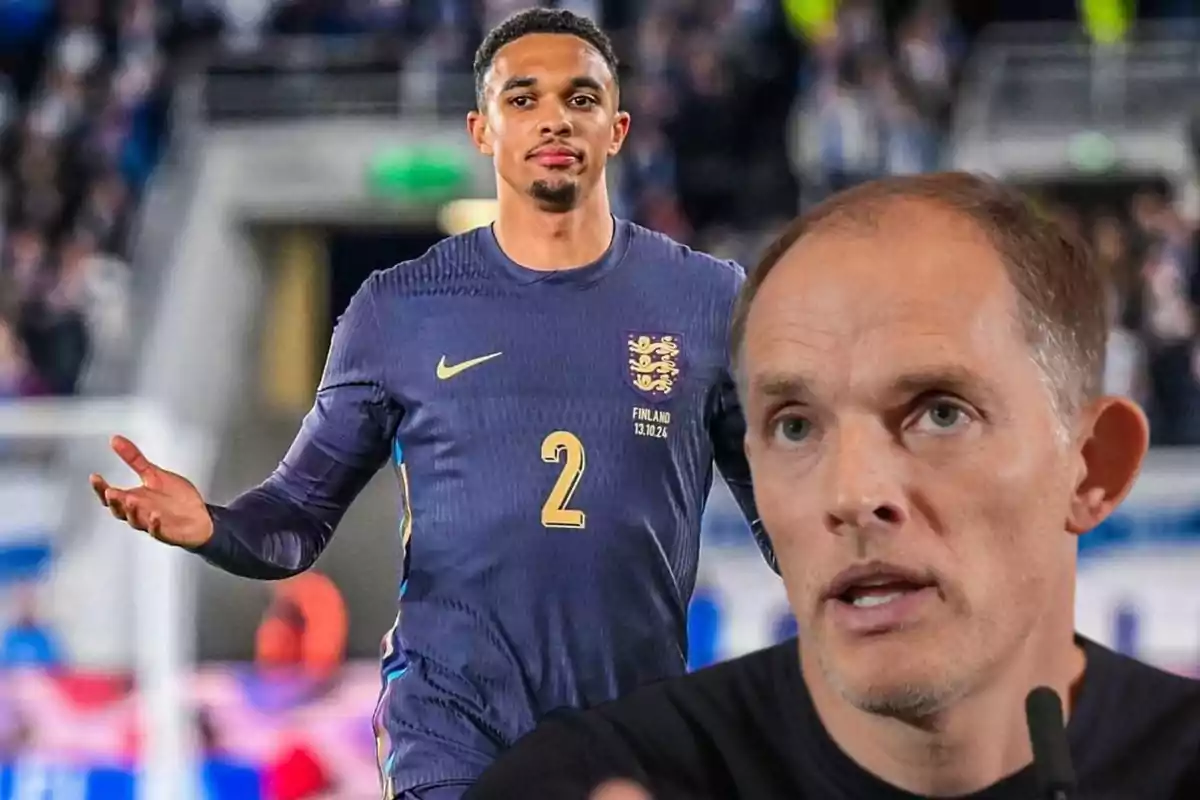 Un futbolista con uniforme azul oscuro y el número 2 en el pecho aparece en un estadio, mientras en primer plano se ve a un hombre hablando frente a un micrófono.