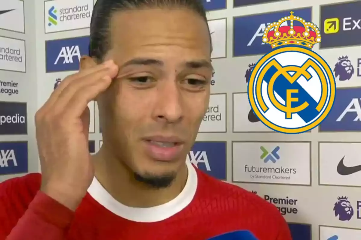 Soccer player with a thoughtful expression during an interview with the Real Madrid crest edited next to him