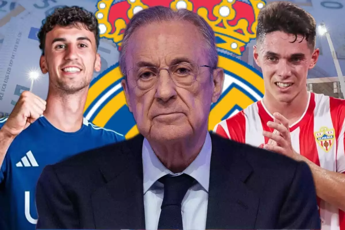 Tres personas en primer plano con el escudo del Real Madrid de fondo, una de ellas con traje y las otras dos con uniformes deportivos