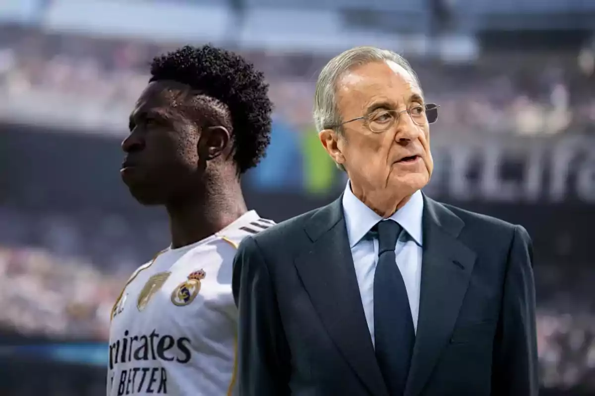 A Real Madrid player in a white uniform and an older man in a dark suit in a stadium