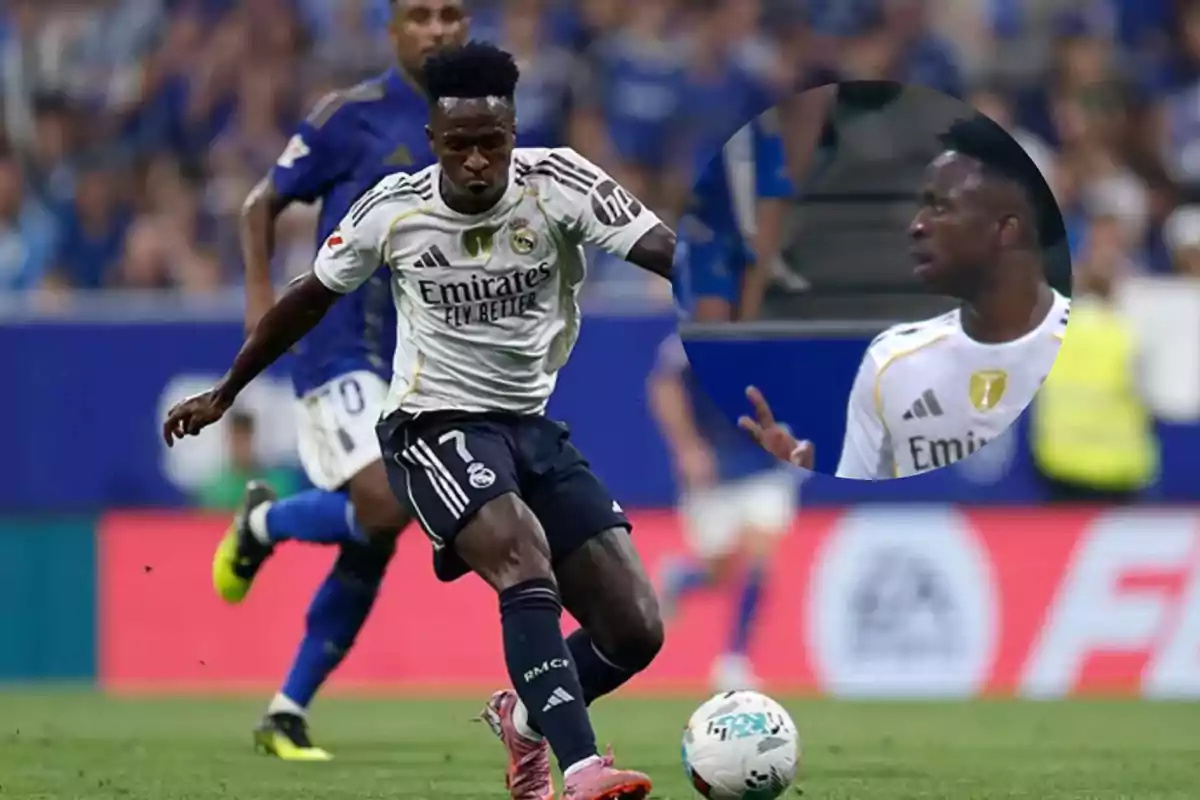 Futbolista del Real Madrid con el número 7 en su uniforme controlando el balón durante un partido con un recuadro mostrando su expresión facial en detalle