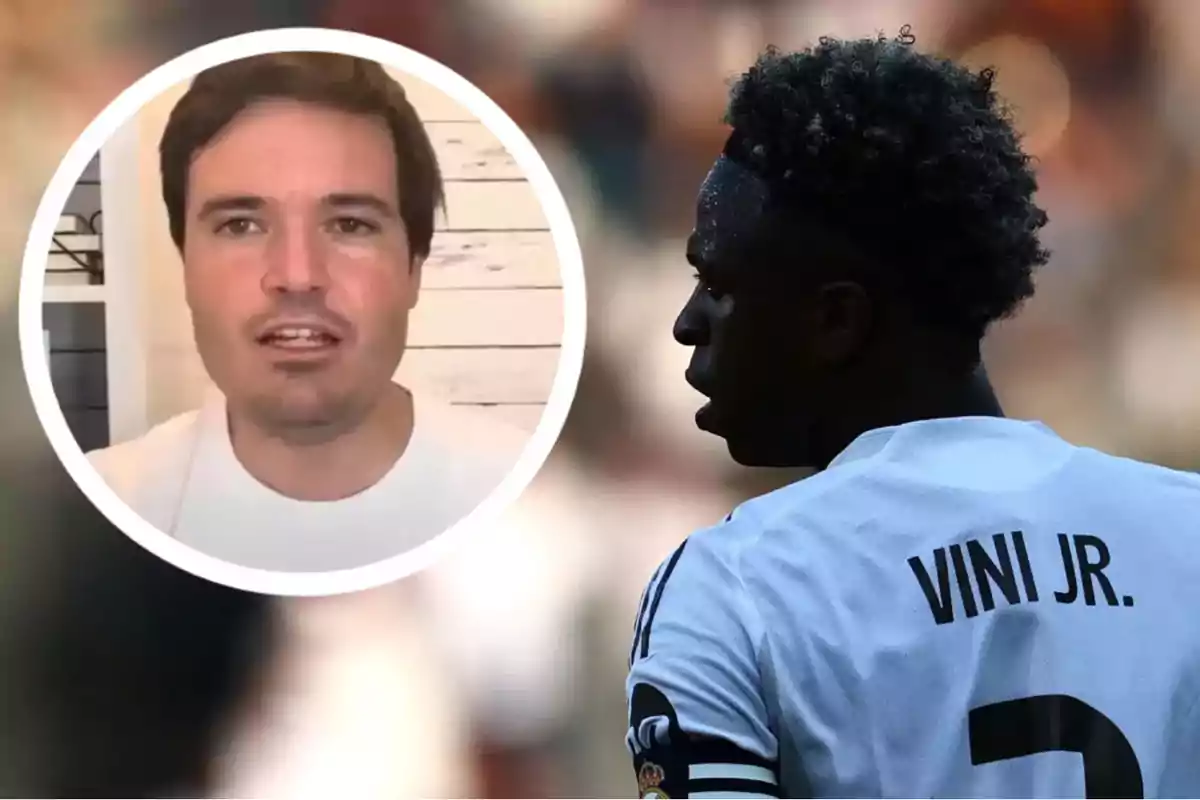 A man appears in a box while in the background a player is seen from behind with the name Vini Jr. on his white jersey.