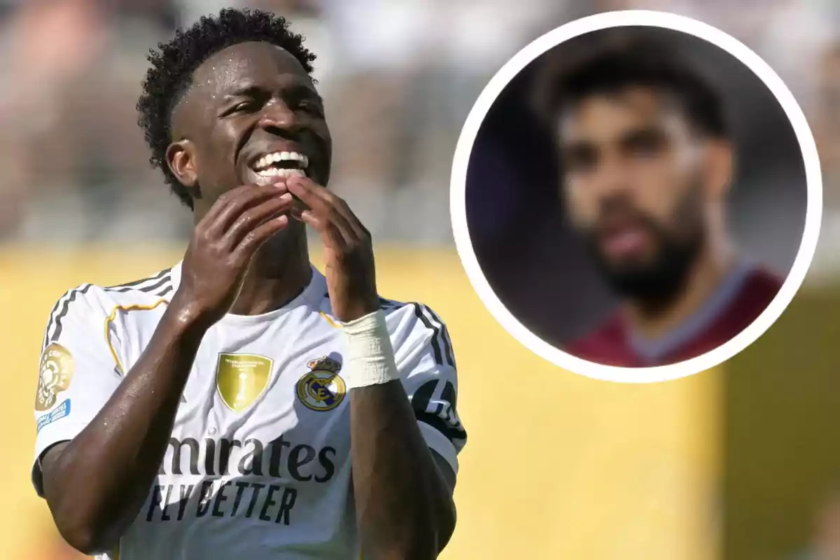 Real Madrid player smiles on the field while the blurred face of another player appears in the corner.