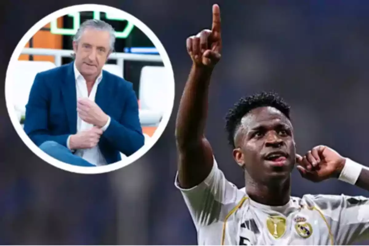 A Real Madrid player celebrates by raising one arm while, in the corner, a box shows a man sitting in a blue jacket.