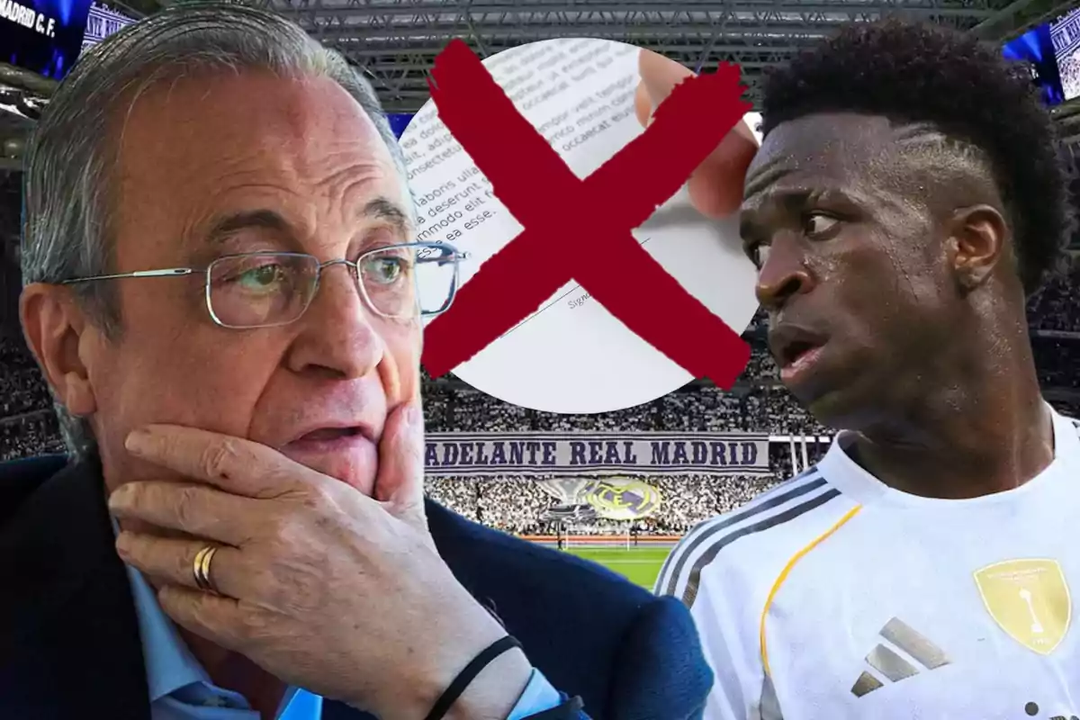 An older man with glasses and a player in a white uniform look at each other with concern in a stadium; in the background, there is a circle with a large red X.