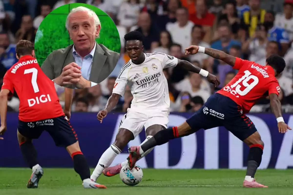 A Real Madrid player fights for the ball with two players from the opposing team while, at the top, there is a cutout of an older man with gray hair and a gray jacket.