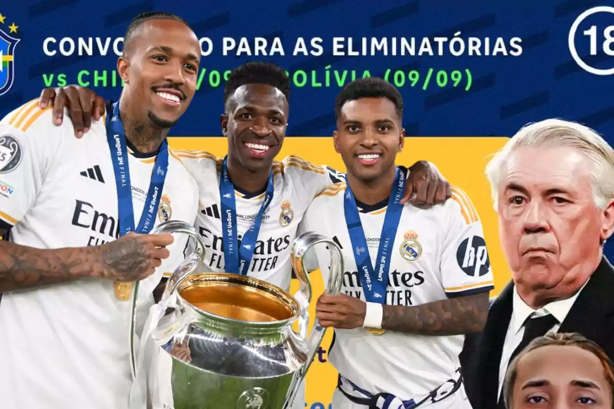 Three Real Madrid players smile and pose with a trophy while wearing medals; in the background, there is a poster for a draft and the image of a coach with a serious expression.