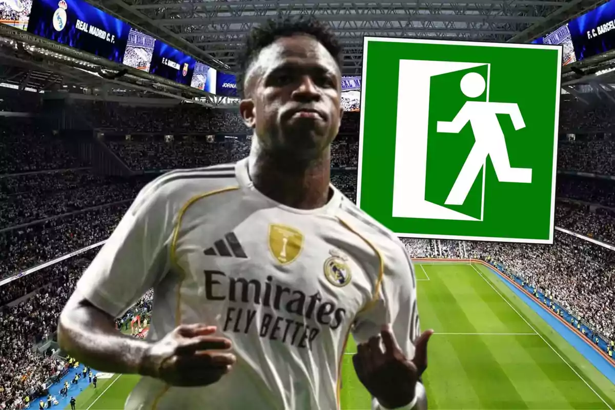 Real Madrid player in the stadium with an emergency exit sign in the background
