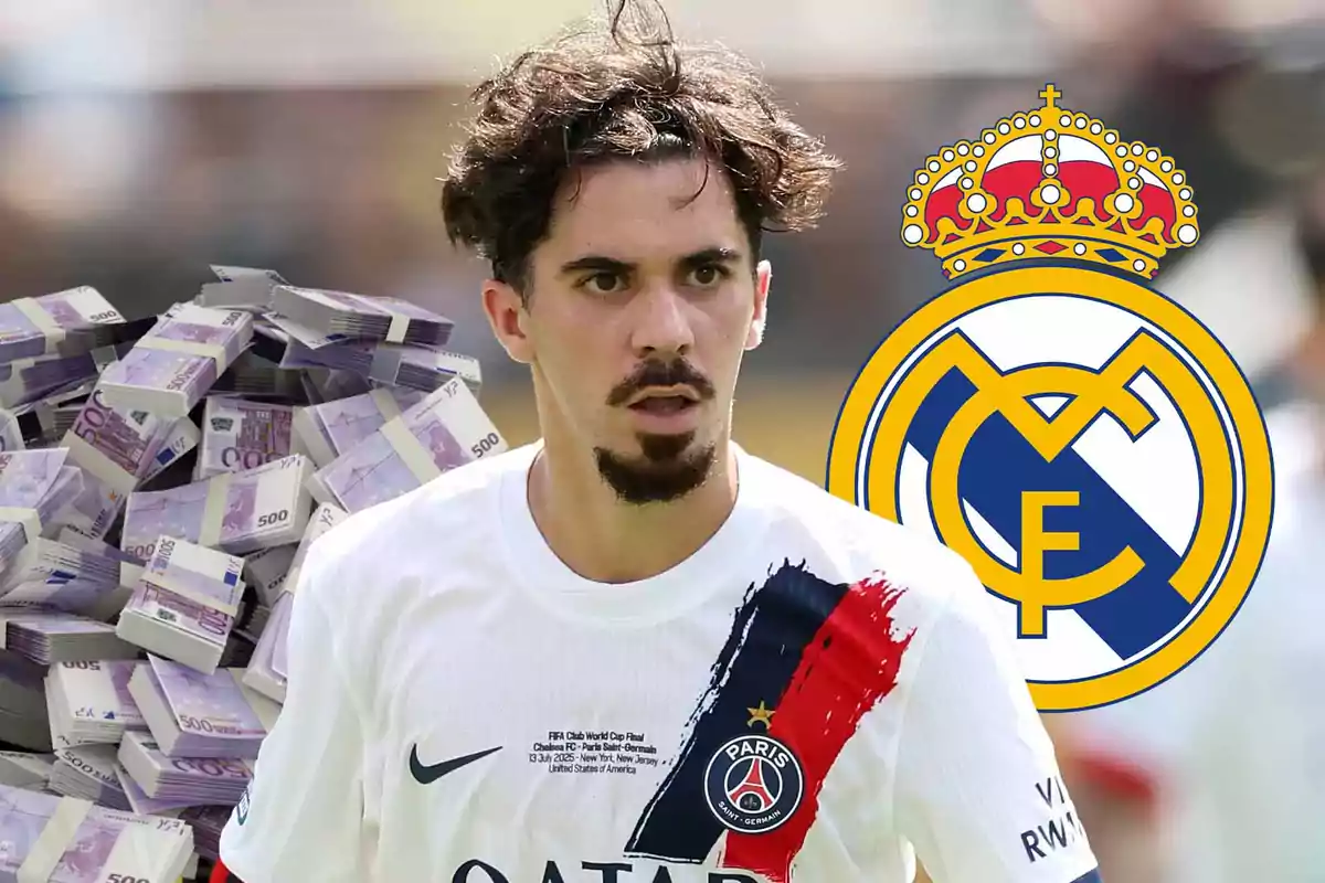 PSG player with wads of cash and the Real Madrid crest in the background