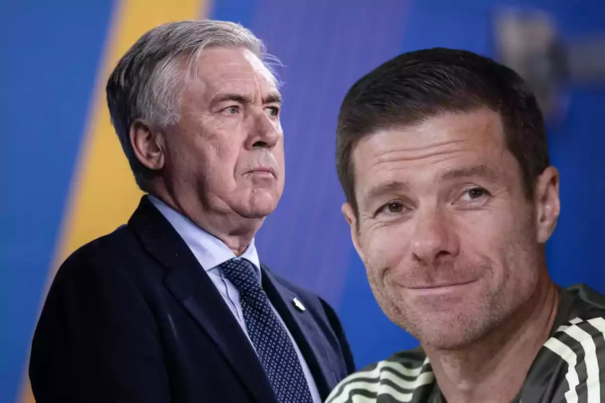 Two men in the foreground with serious expressions and a blue and yellow background.