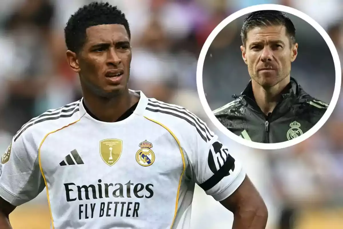 Real Madrid player in the foreground with a serious expression, and in the top right corner appears the face of a coach, also with a serious look.
