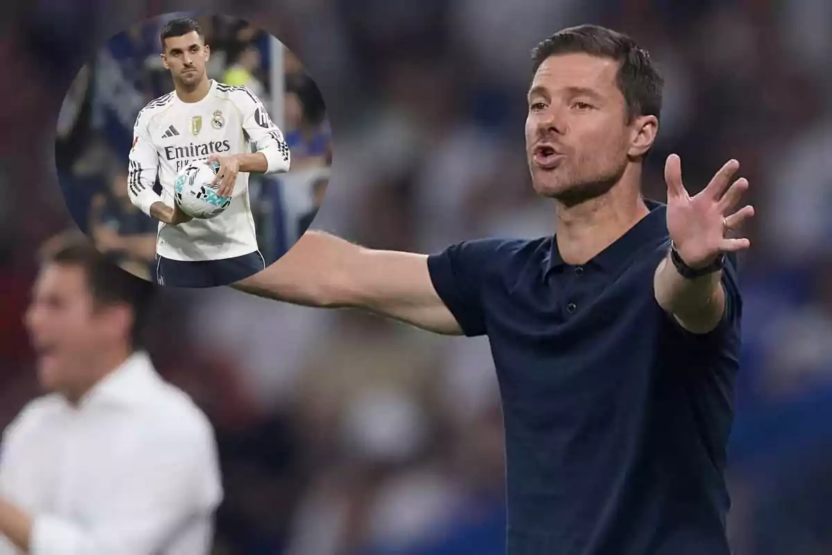 Entrenador dando indicaciones en la cancha con un recuadro de un futbolista sosteniendo un balón