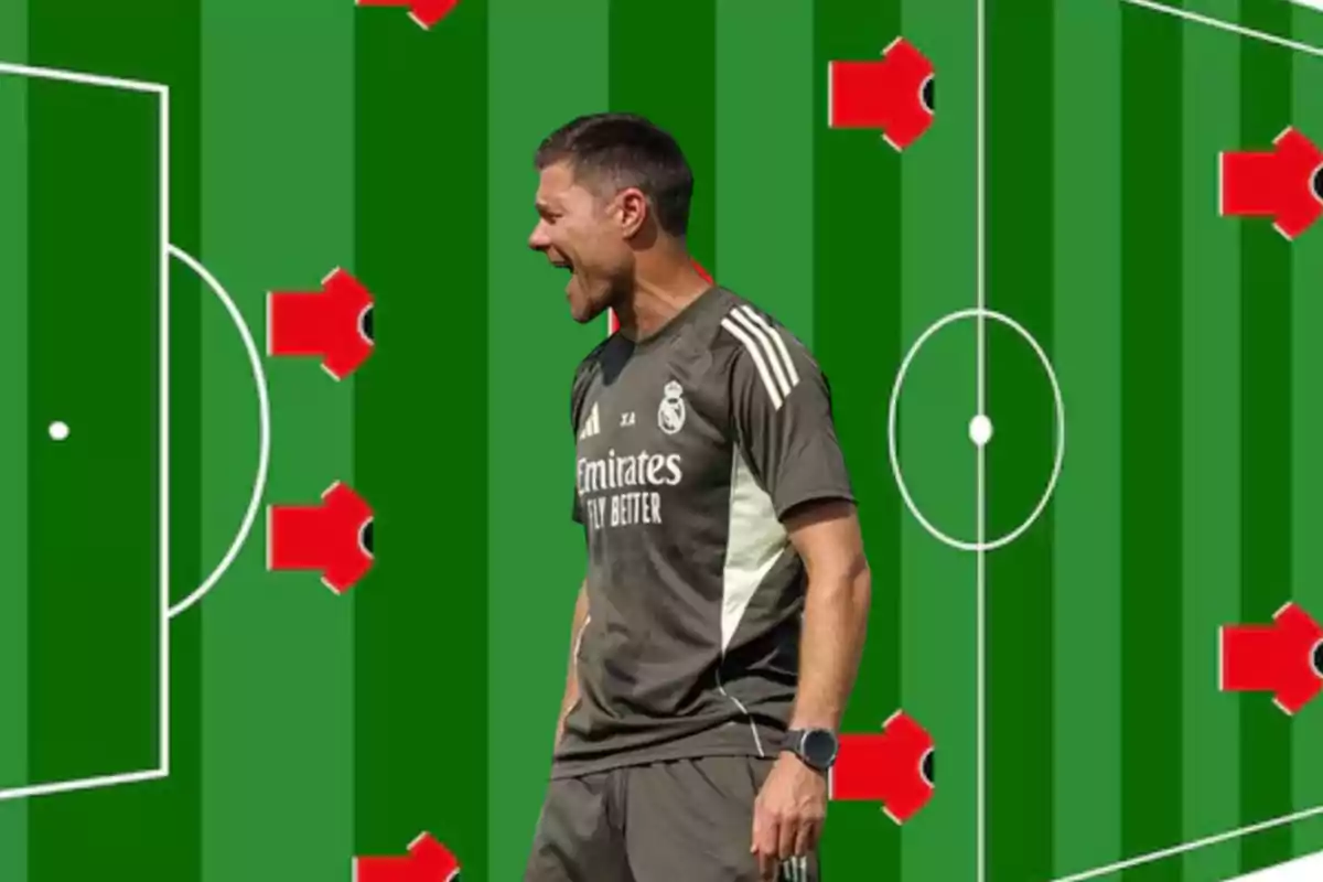 Soccer coach in a Real Madrid uniform on a tactical field background with red arrows pointing in different directions
