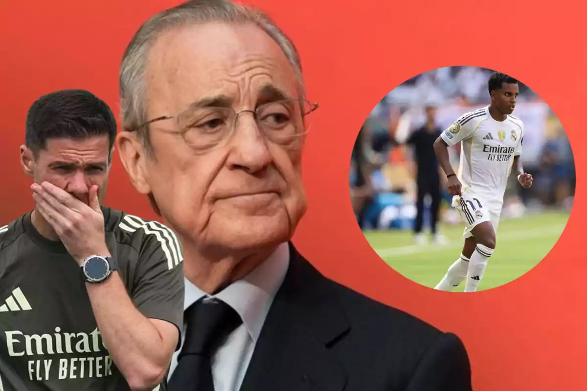 Three people related to Real Madrid appear against a red background: one of them in the foreground with a thoughtful expression, another with a hand over their mouth, and another running on a soccer field inside a circle.