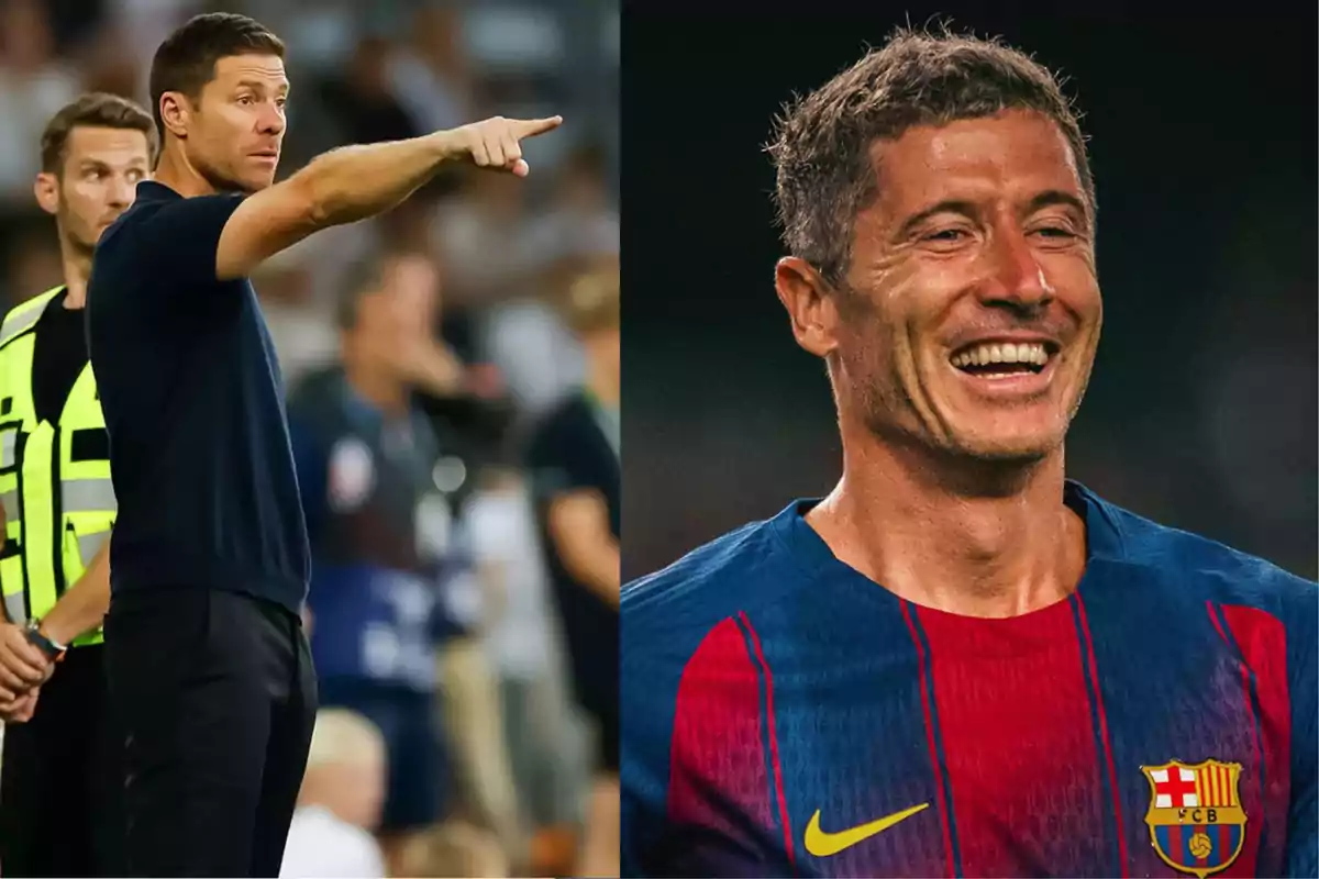Un entrenador de fútbol dando indicaciones en la banda y un jugador del Barcelona sonriendo en el campo