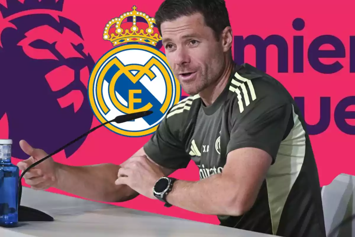 Football coach at a press conference with the Real Madrid crest and the Premier League logo in the background