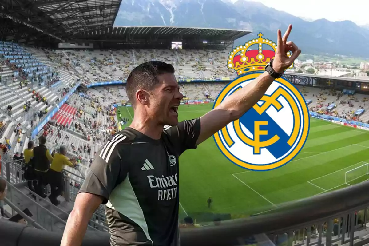 Soccer coach celebrating in a stadium with the Real Madrid crest in the background