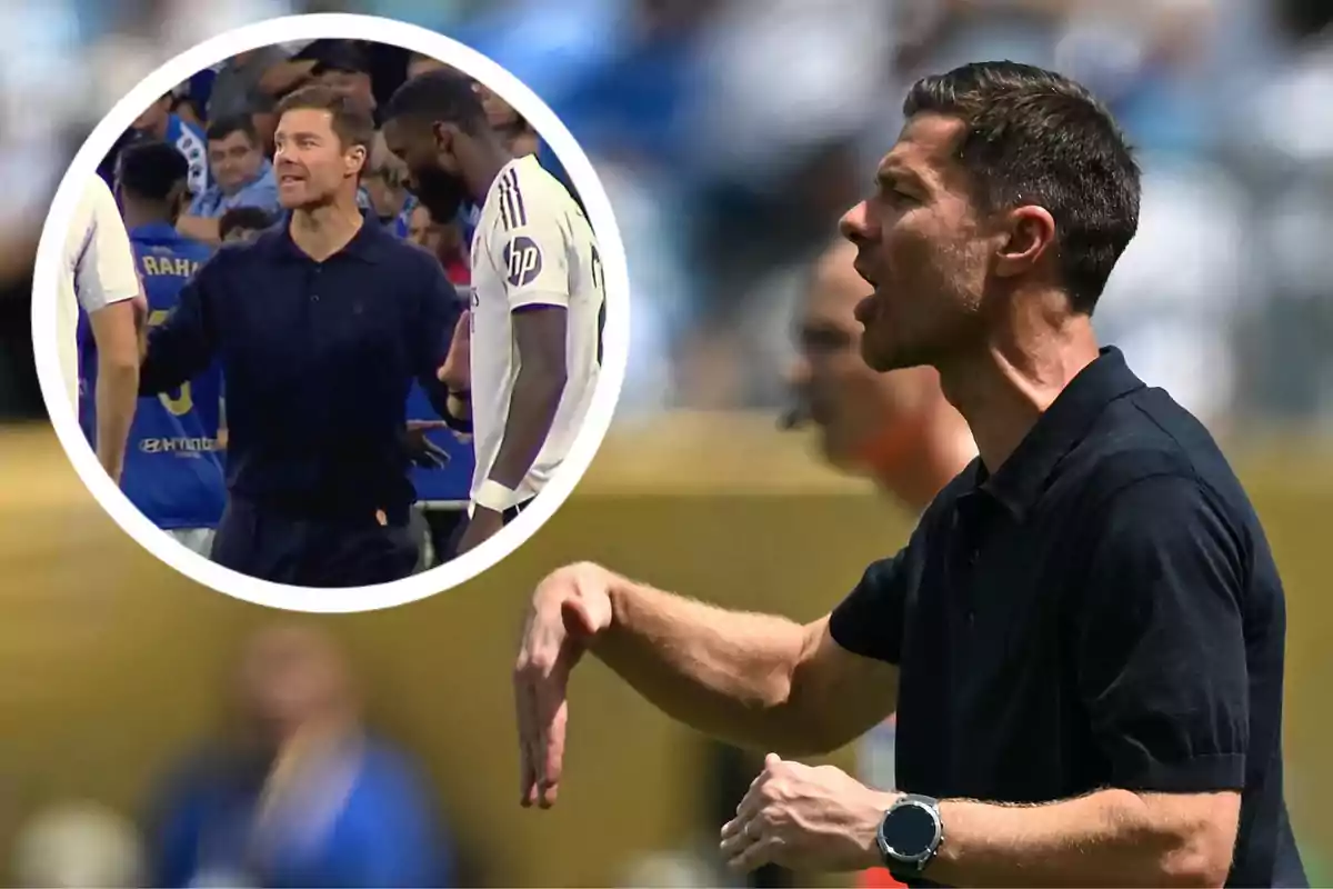 Entrenador de fútbol dando indicaciones en la banda con una imagen circular insertada mostrando una conversación con jugadores en el campo