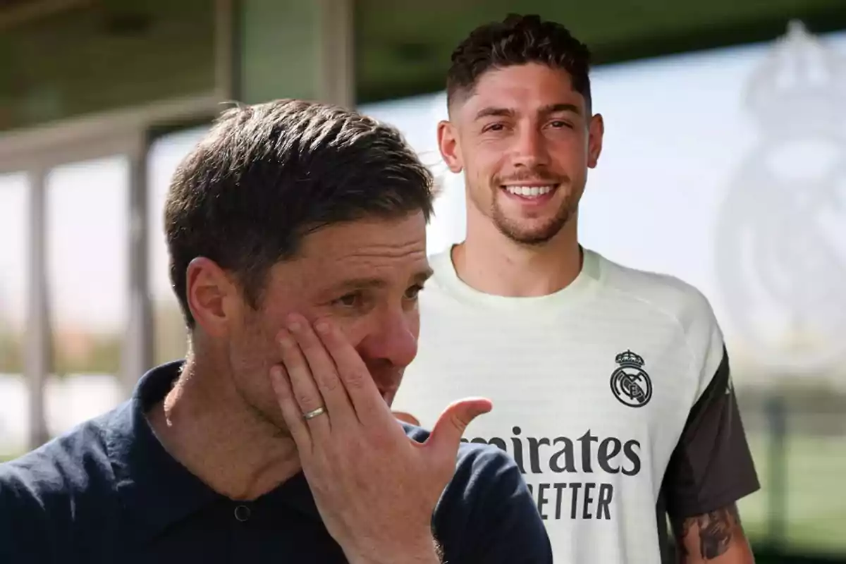 A man with a thoughtful expression in the foreground and another smiling man in a white soccer jersey in the background