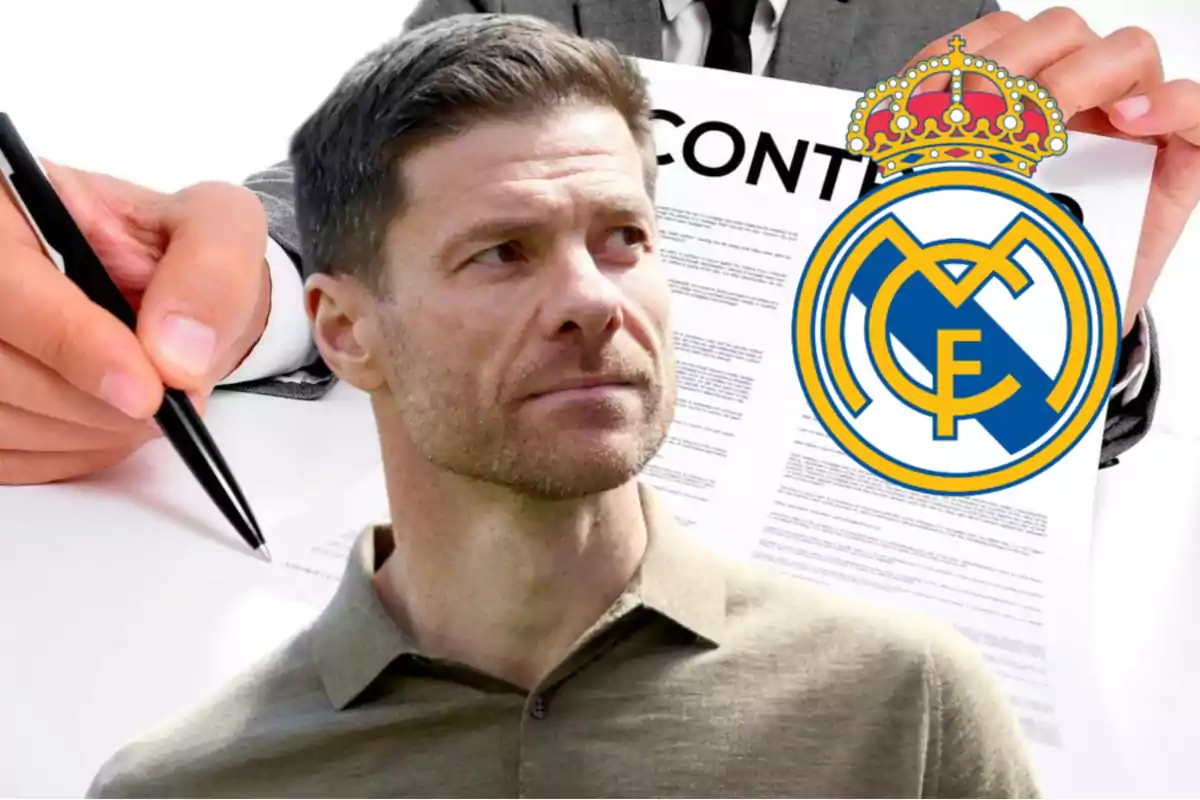 Short-haired man with a serious expression in front of a contract and the Real Madrid crest while a hand holds a pen ready to sign.
