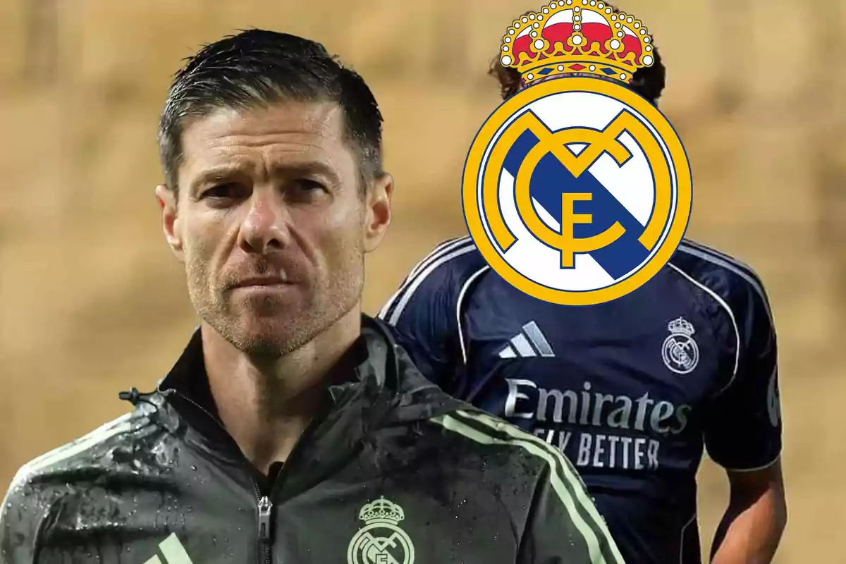 Coach wearing a Real Madrid jacket in the foreground and a person in the background with the Real Madrid crest covering their face