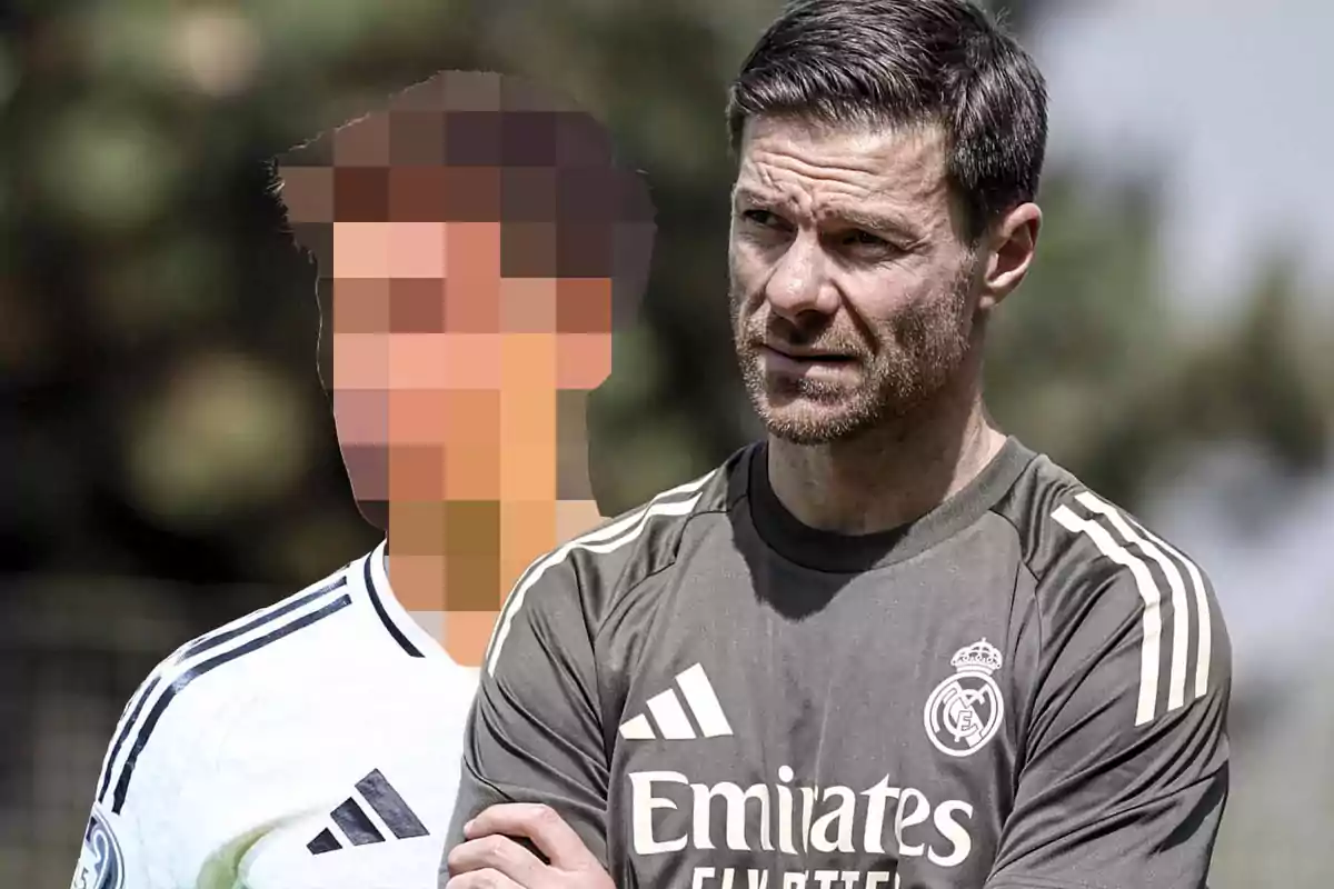 Real Madrid coach with arms crossed and a player in the background with a pixelated face