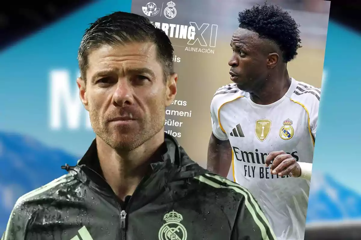 Entrenador del Real Madrid al frente con expresión seria y jugador del equipo en uniforme blanco al fondo durante la presentación de la alineación