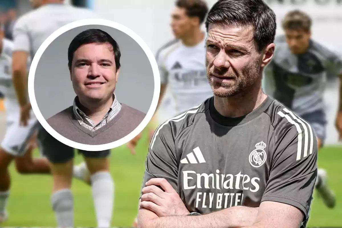 Soccer coach wearing a Real Madrid training jersey in the foreground and players training in the background, with an inset showing the portrait of a smiling man