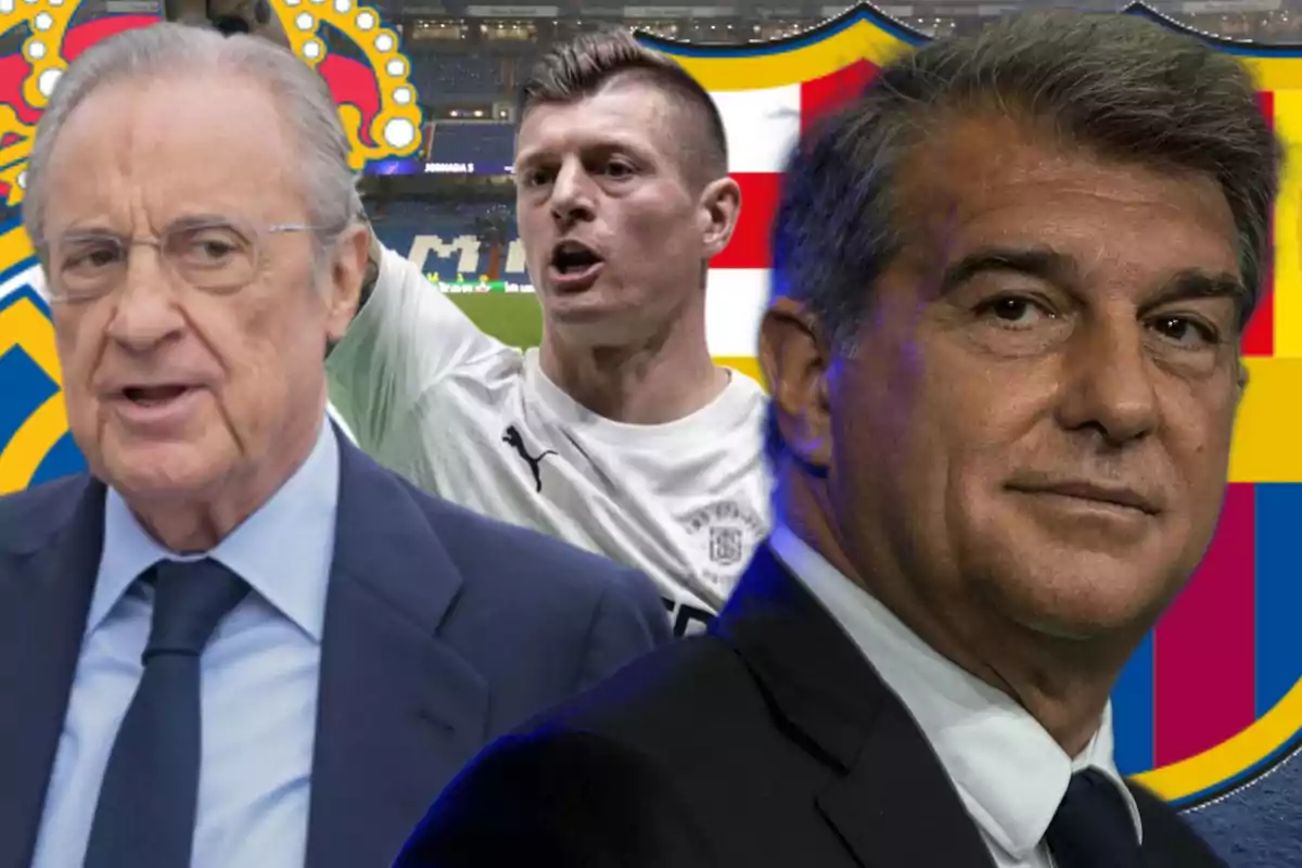 Three men in the foreground with the Real Madrid and Barcelona crests in the background at a soccer stadium