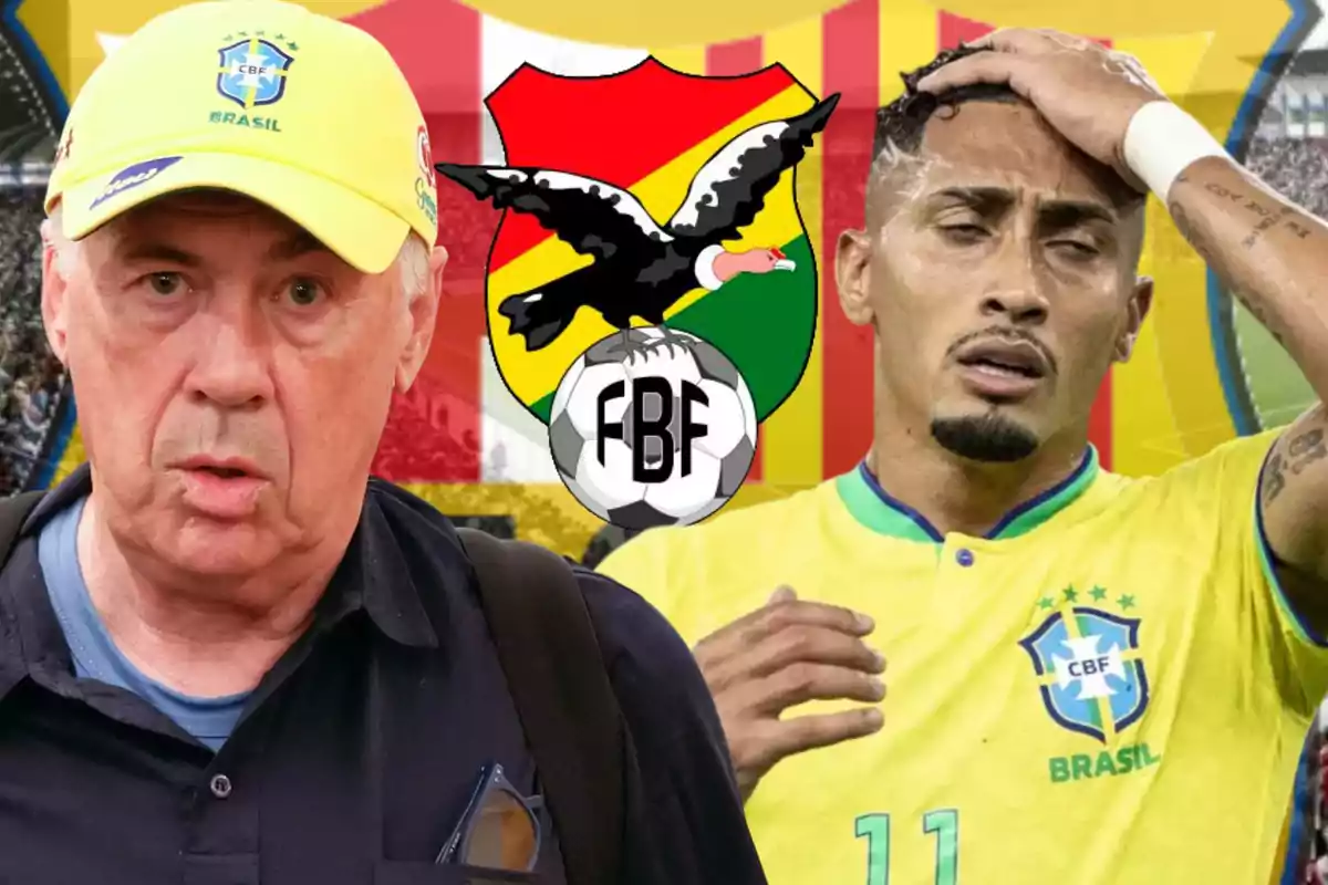 Coach and player of the Brazil national team with worried expressions in front of the Bolivian Football Federation crest