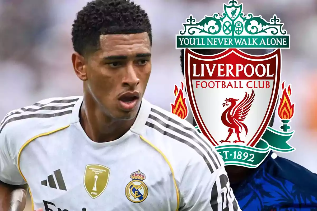 Real Madrid player in the foreground with the Liverpool crest in the background