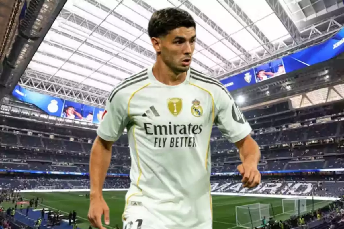 Real Madrid player in a white uniform at Santiago Bernabéu stadium during a match