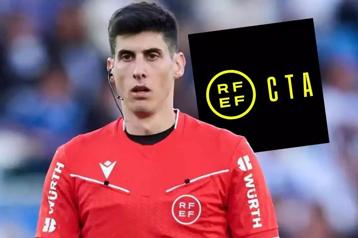 Soccer referee wearing a red uniform with the RFEF and CTA logos in the background