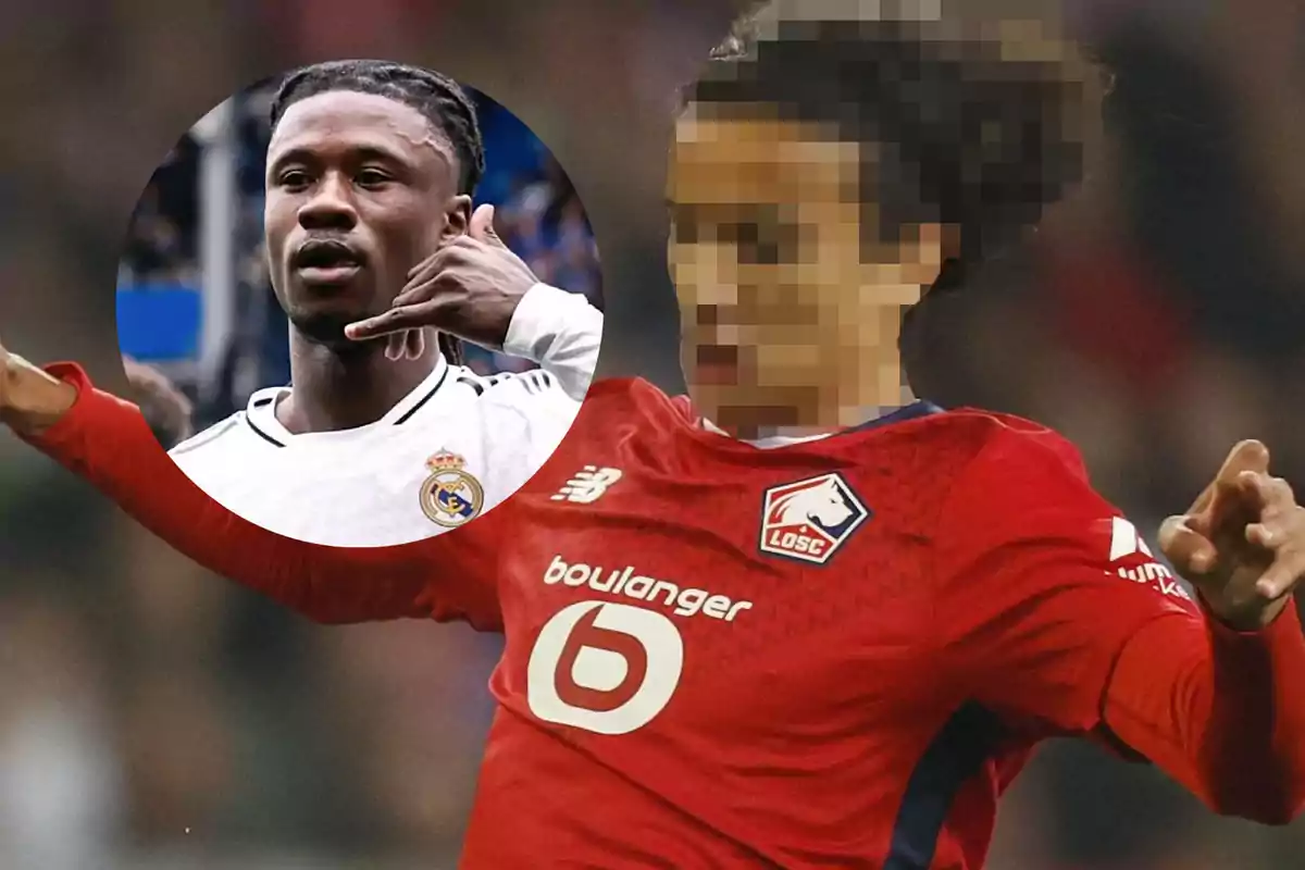 Futbolista del Lille con el rostro pixelado y un recuadro de un jugador del Real Madrid haciendo un gesto de llamada con la mano