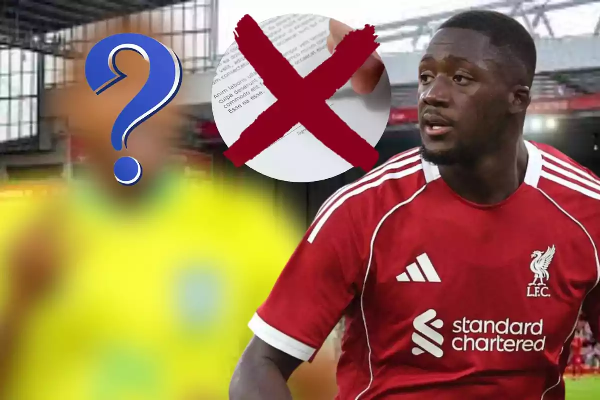 A Liverpool player in a red uniform appears in the foreground, while in the background there is a blurry figure with a question mark and a circle with a large red X.