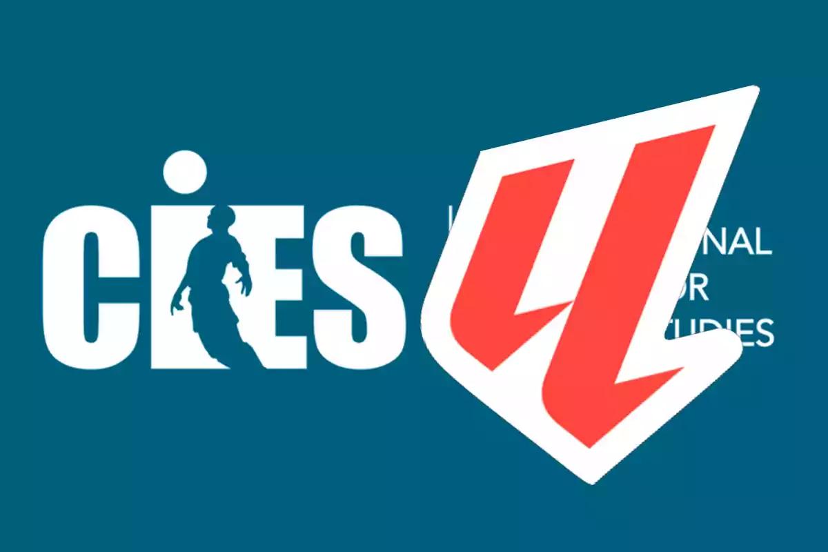 Logos de CIES Football Observatory y de un sitio web deportivo superpuestos sobre fondo azul