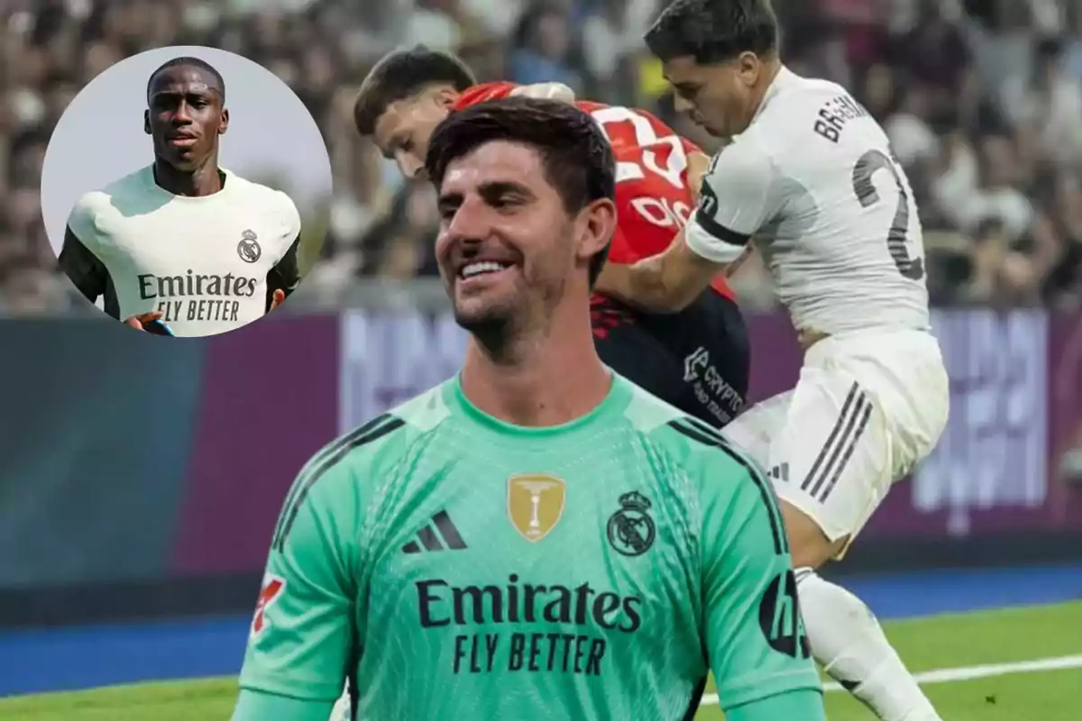 Smiling Real Madrid goalkeeper in the foreground with a soccer match in the background and an inset showing another team player